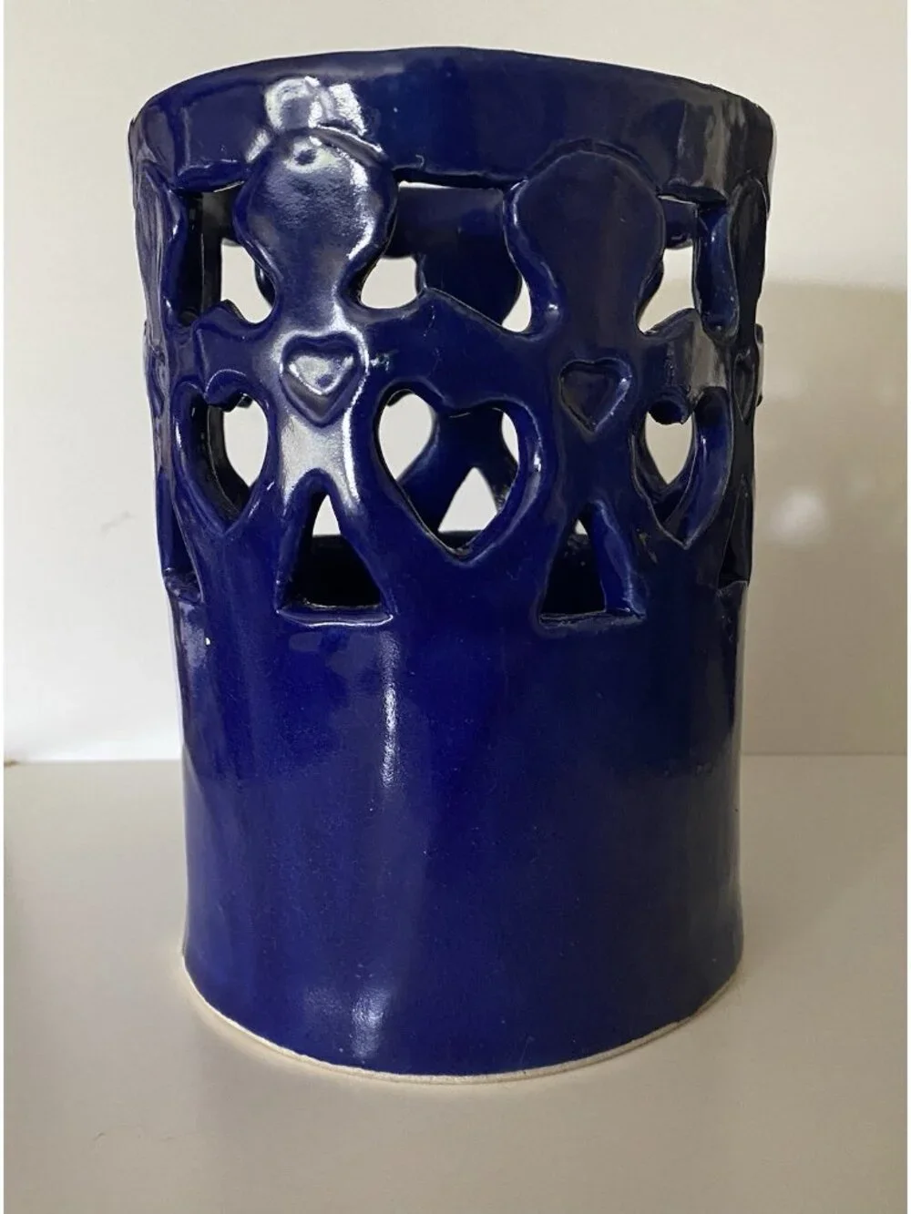 Vtg Signed Studio Pottery Cobalt Kitchen Utensil Holder Cutout Children Hearts